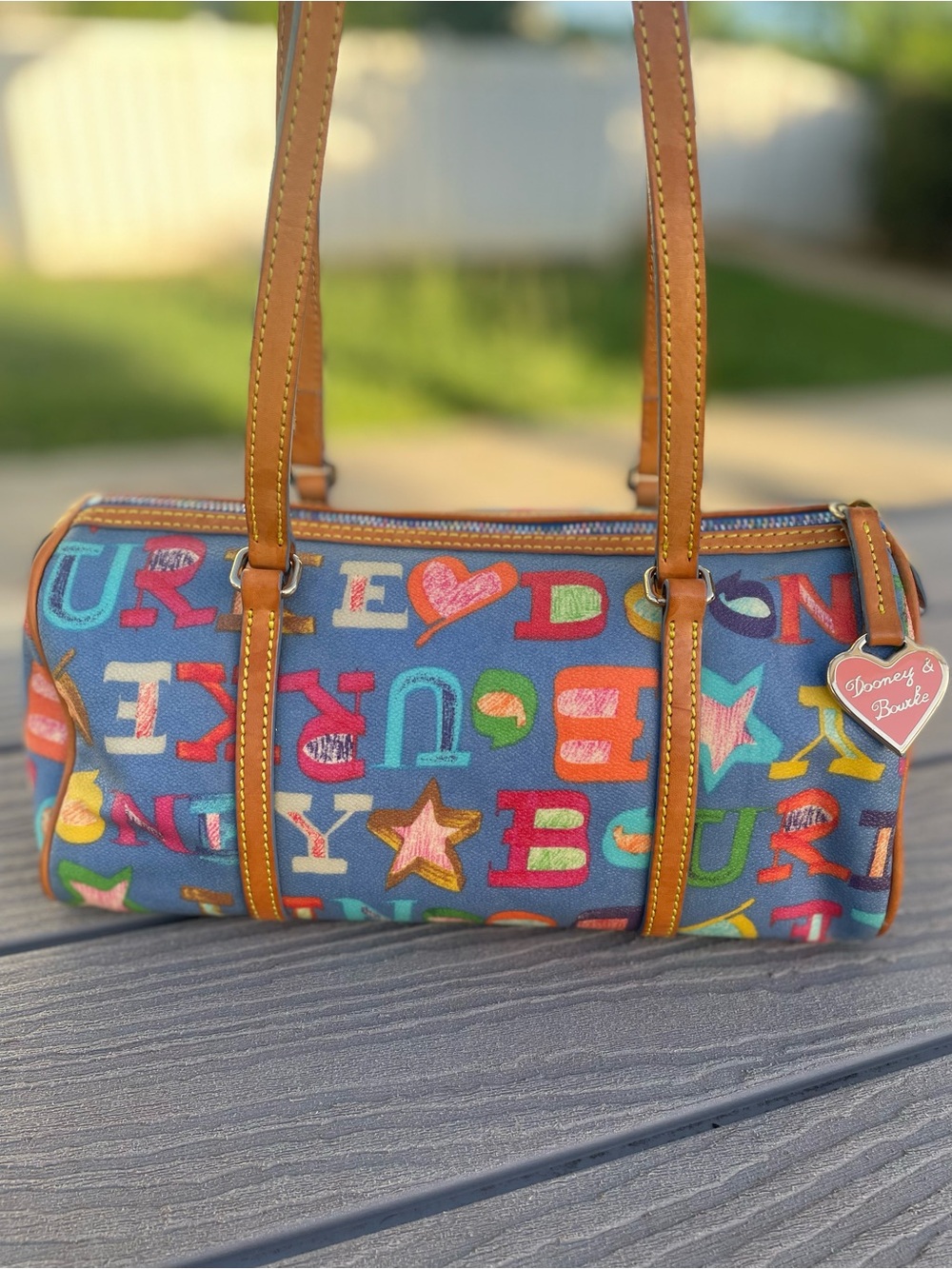 Dooney & Bourke Blue Multicolor Letter-Print Barrel Shoulder Bag
